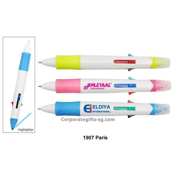 1907 Paris - Push Action Multi Function 4 Cols Ball Plastic Pen & Highlighter, Promotional Gifts, Promotional Gift, Singapore