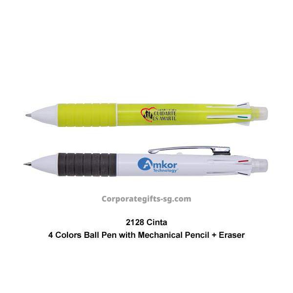 2128 Cinta - Push Action Multi Function 4 Cols Ball Plastic Pen with Mechanical Pencil & Eraser, Promotional Gifts, Promotional Gift, Singapore