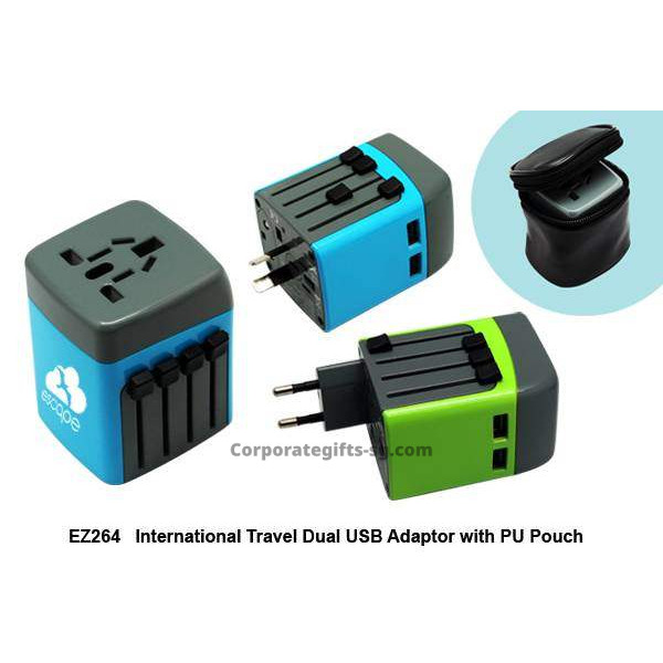 EZ264 International Travel Dual USB Adaptor W/ PU Pouch, Promotional Gifts, Promotional Gift, Singapore