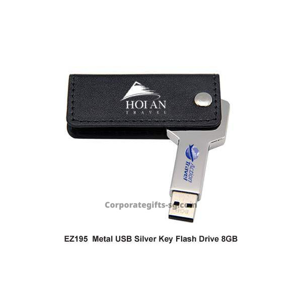 EZ195 Metal USB Silver Key Flash Drive 8GB in PU Leather Pouch, Promotional Gifts, Promotional Gift, Singapore