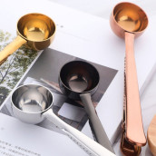 Stainless Steel Ground Coffee Measuring Scoop Spoon with Bag Seal Clip Stainless Steel Ground Coffee Measuring Scoop Spoon with Bag Seal Clip